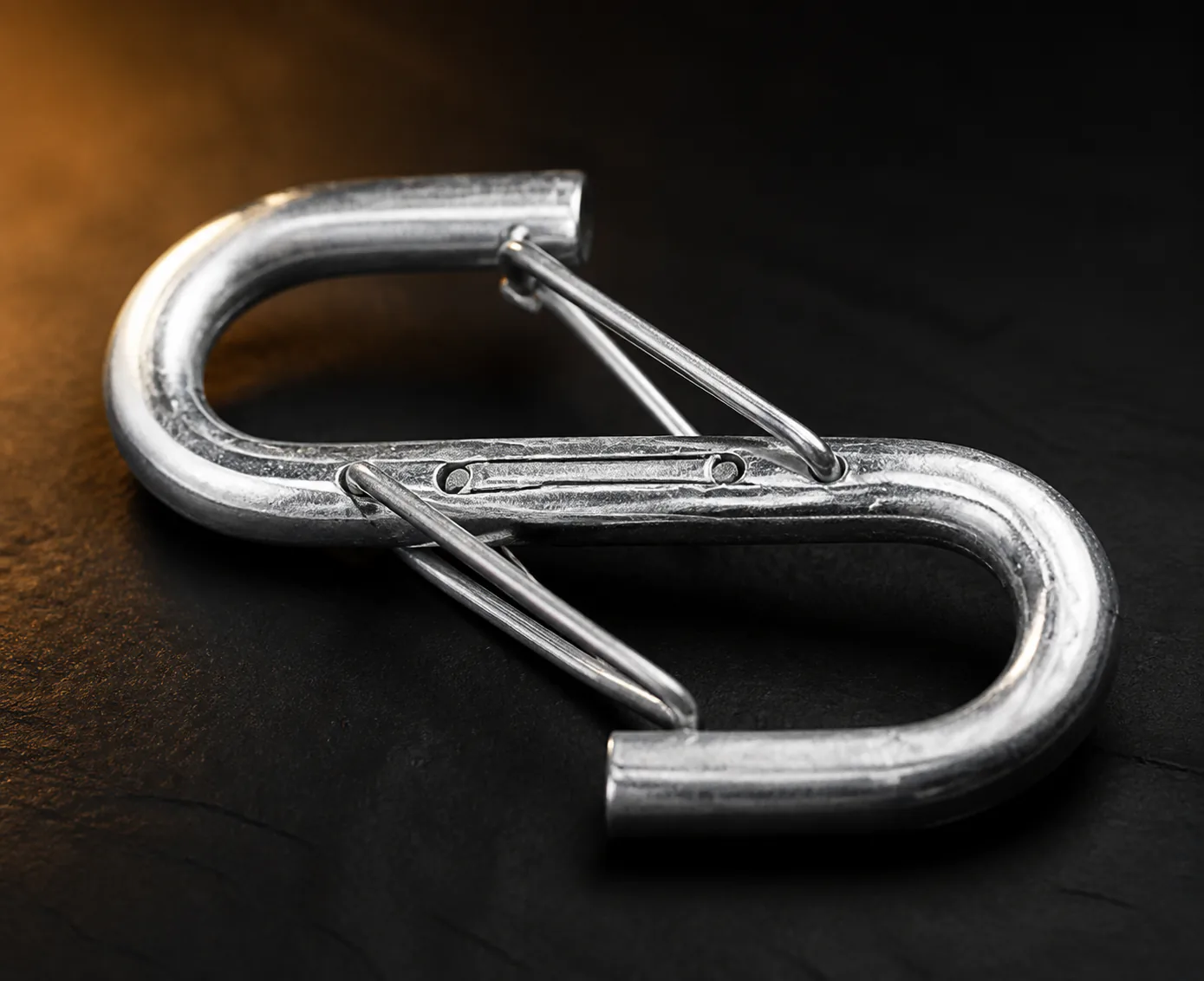Low-angle macro view showing the hook gates and central pivots